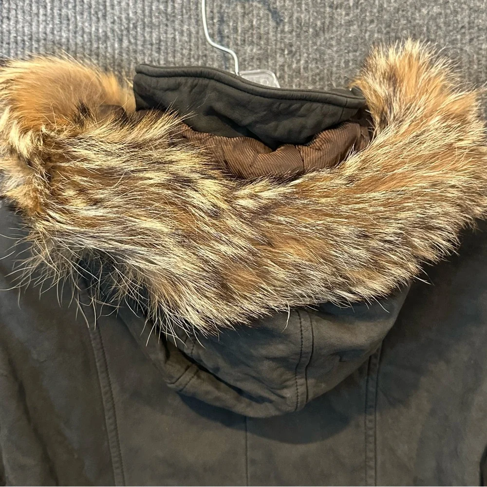 Lone Pine Leather Duffle Coat Women's M Coyote Fur Hood Toggle USA Made Vintage - Picture 8 of 13
